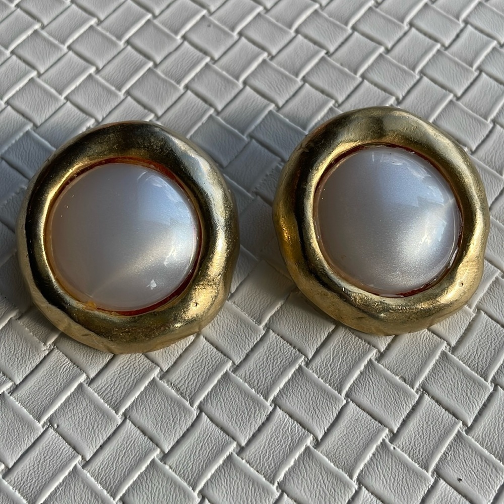 Clip On Faux Pearl Earrings, Gold Tone 1.5”, Dramatic, Unusual, Statement,Runway
